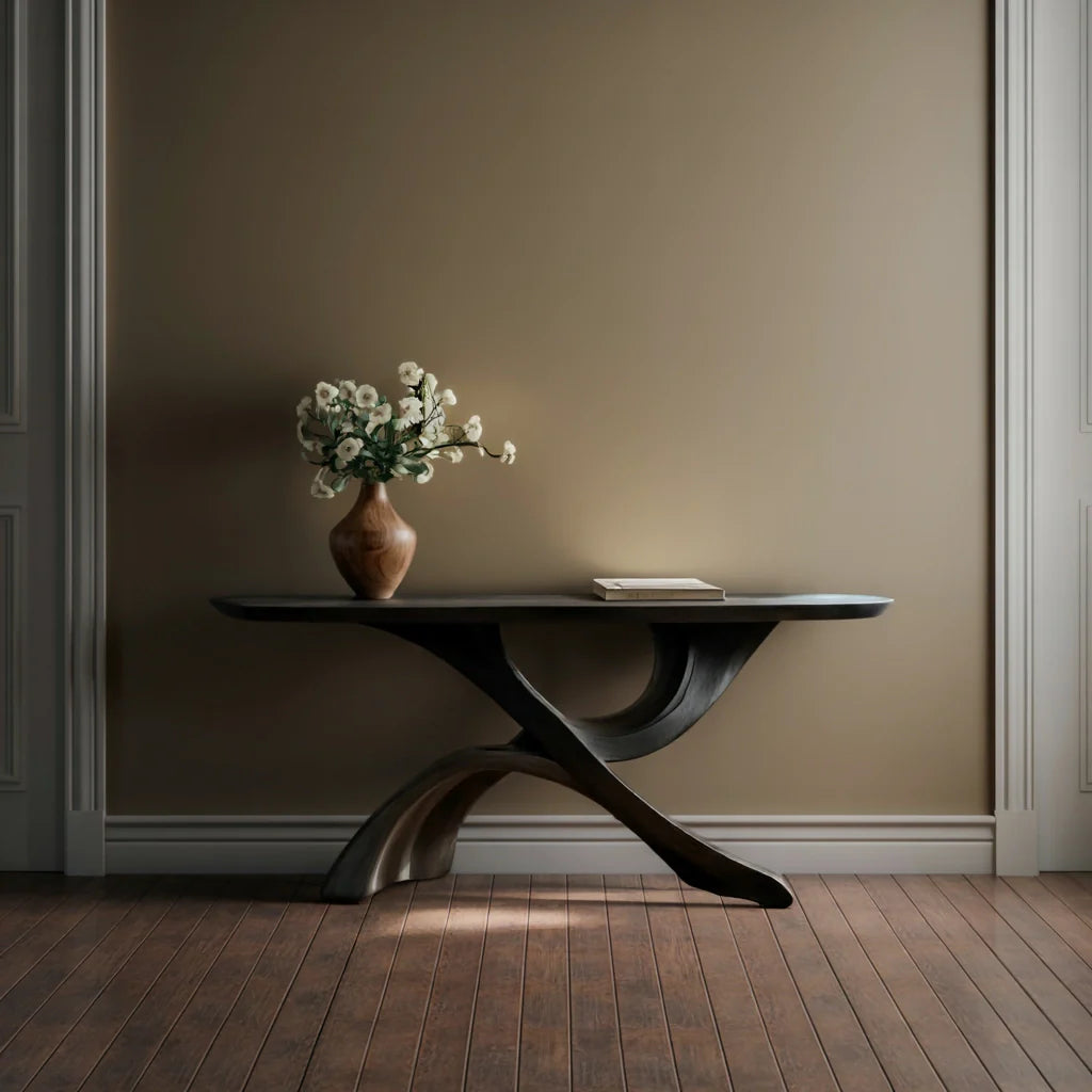 Contemporary Sculptural Solid Wood Console Table with Curved Arch Base
