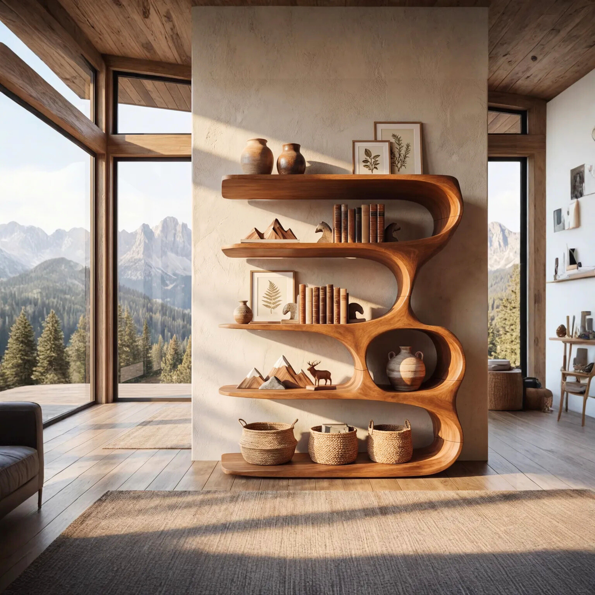 Ribbon Curve Wood Bookcase with Long Floating Display Shelves