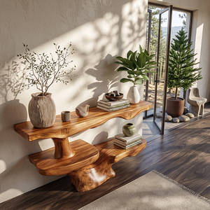 Solid Wood Console Table with Asymmetrical Floating Shelves and Sculptural Trunk Base