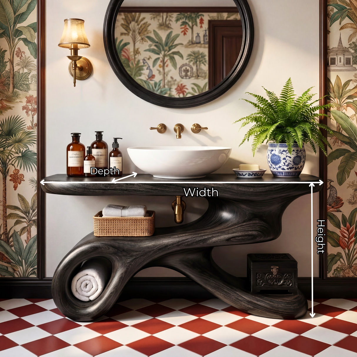 Organic Modern Wood Bathroom Vanity with Sculptural Open Storage Base