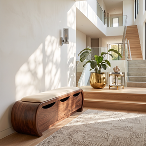 Curved Solid Wood Shoe Cabinet Bench with Three Hidden Storage Compartments