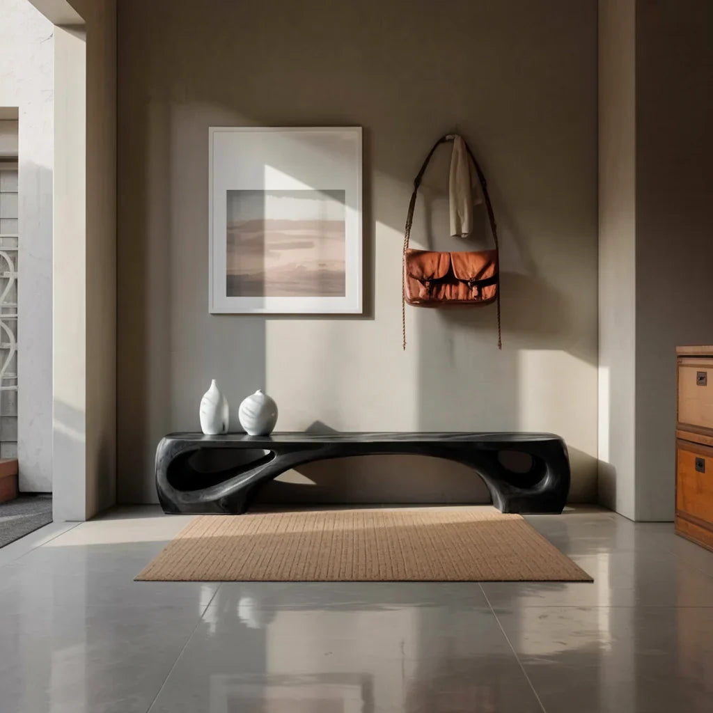 Sculptural Solid Wood Bench with Twin Cutouts for Modern Living Room