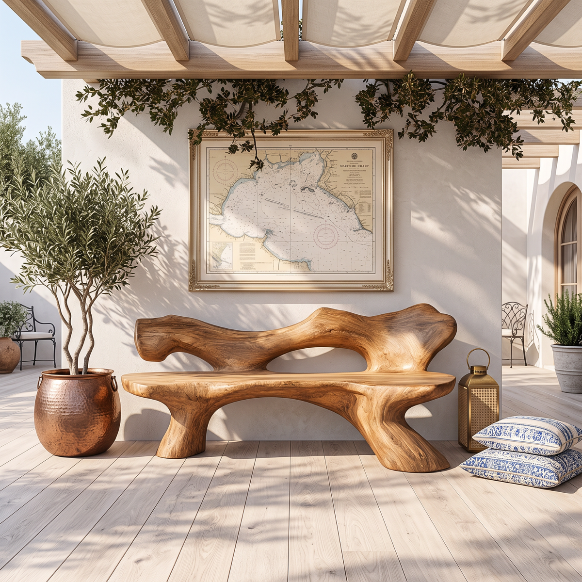Solid Wood Garden Bench with Sculptural Organic Backrest