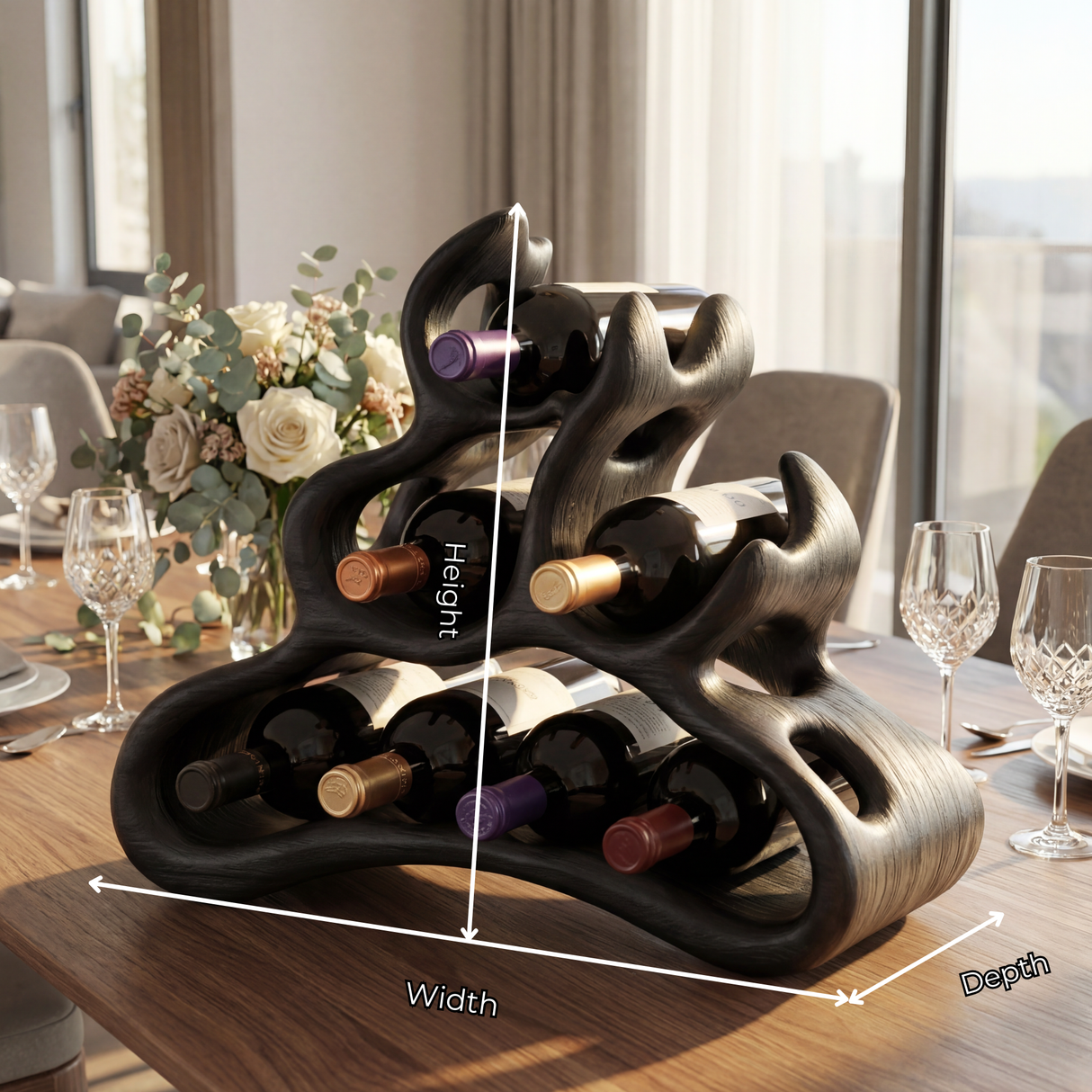 Organic Solid Wood Wine Rack Artistic Curved Bottle Holder Compact Countertop Display