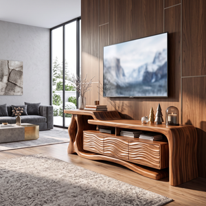 TV Stand with Sculptural Tree Root Frame and Wave Carved Cabinet Doors