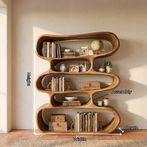 Organic Wavy Wooden Bookshelf Handmade Sculptural Solid Wood Modern Display Shelf
