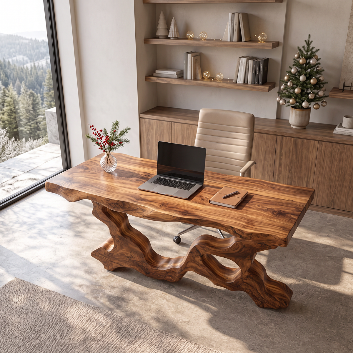 Live Edge Solid Wood Executive Desk with Sculptural Root Frame