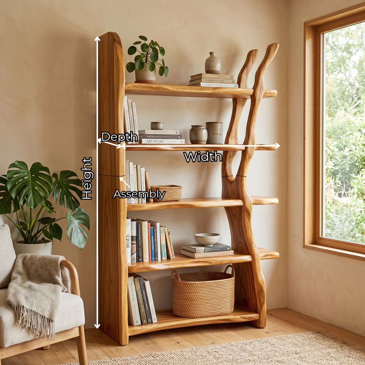 Freestanding Solid Wood Bookshelf with Sculptural Tree Support