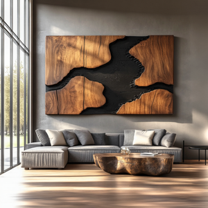 Sculptural Wood Wall Art Panel with Black River Form