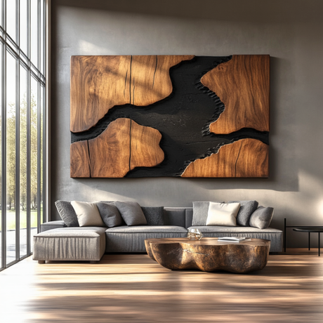 Sculptural Wood Wall Art Panel with Black River Form