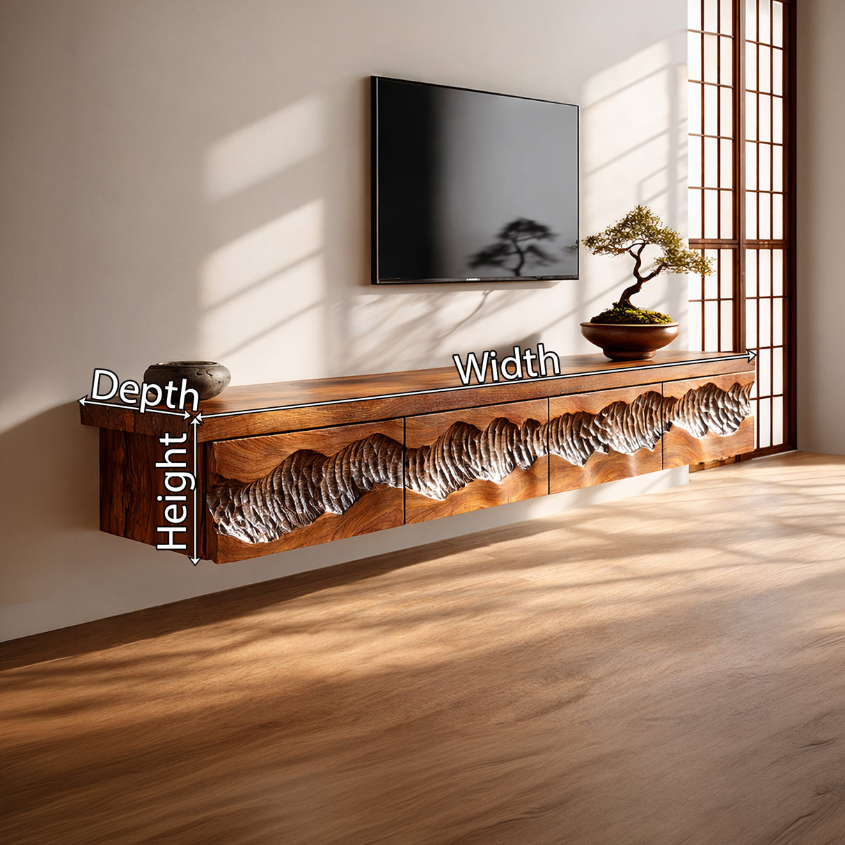 Sculptural Solid Wood Floating TV Console Cabinet