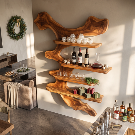 Wall Mounted Solid Wood Wine Rack with Sculptural Tree Form Shelves