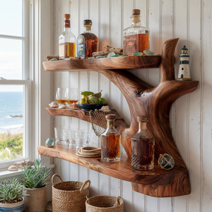 Handcrafted Solid Wood Wall Mounted Bar Shelf with Organic Open Display