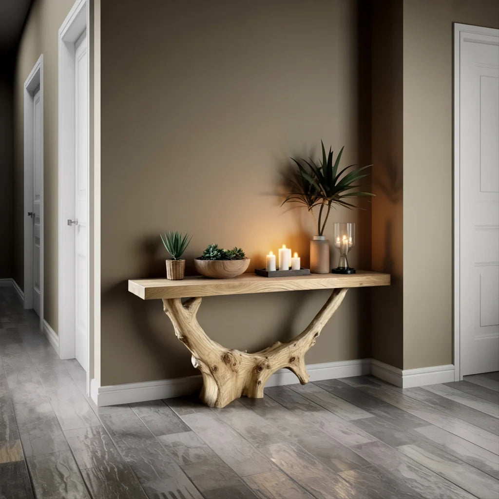 Rustic Live Edge Solid Wood Console Table with Natural Branch Base