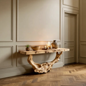 Handcrafted Live Edge Wood Console Table with Sculptural Root Base