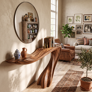 Handcrafted Solid Wood Console Table with Sweeping Wave Pedestal