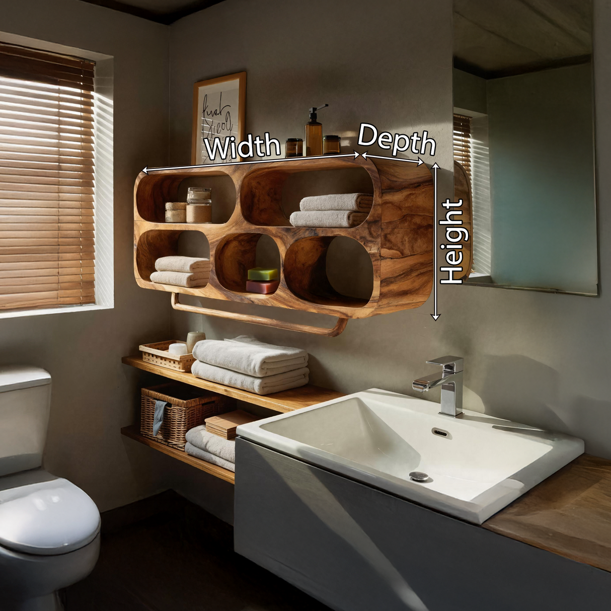 Luxury Sculptural Solid Wood Bathroom Wall Shelf