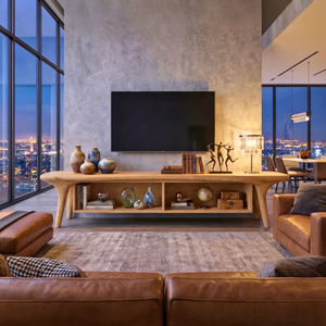 Solid Wood TV Cabinet with Open Shelving, Mediterranean Modern Media Console