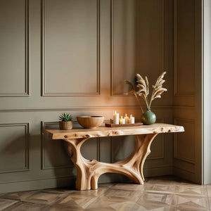 Modern Organic Live Edge Console Table with Sculpted Solid Wood Base