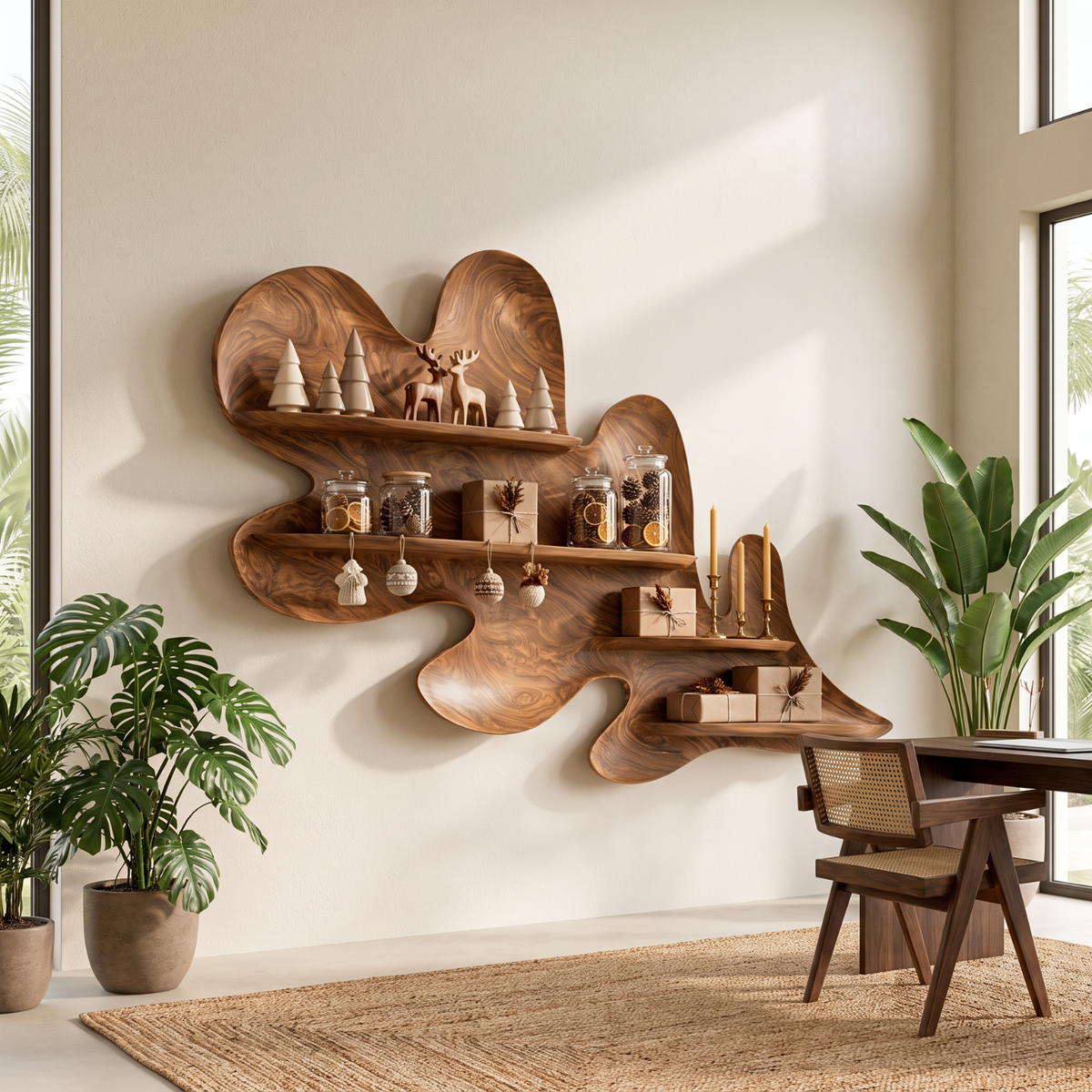 Organic Solid Wood Wall Shelf with Flowing Sculptural Leaf Design