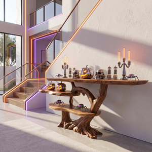 Handcrafted Solid Wood Console Table with Tiered Shelves and Sculptural Tree Base