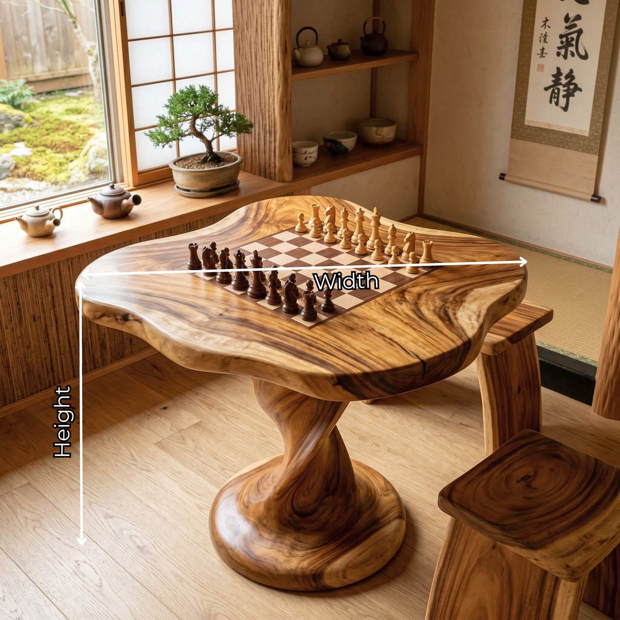 Handcrafted Solid Wood Chess Table with Organic Freeform Top and Sculptural Pedestal Base