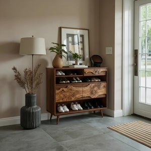Modern Live Edge Wood Shoe Cabinet with Open Shelf Storage
