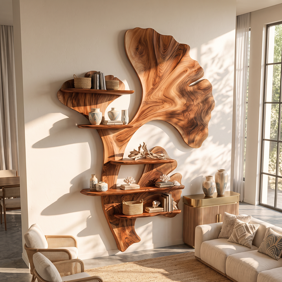 Ginkgo Leaf Solid Wood Wall Shelf with Sculptural Botanical Design