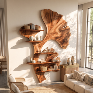Ginkgo Leaf Solid Wood Wall Shelf with Sculptural Botanical Design