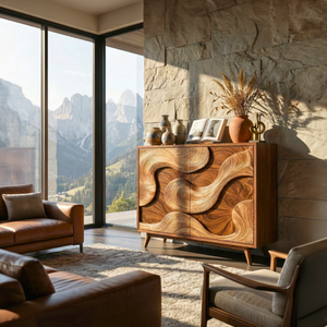 Solid Wood Sideboard with Abstract Sculptural Relief Doors for Modern Interiors
