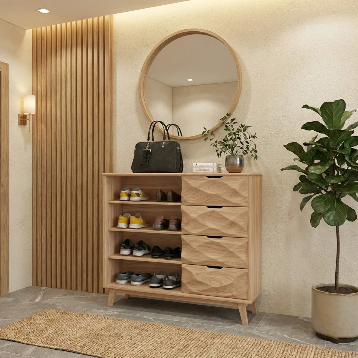 Solid Walnut Entryway Shoe Cabinet with Drawers & Open Shelving