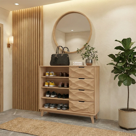 Solid Walnut Entryway Shoe Cabinet with Drawers & Open Shelving
