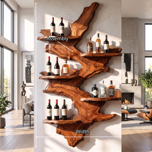 Wall Mounted Wine Rack Solid Wood with Sculptural Live Edge Slab and Floating Shelves