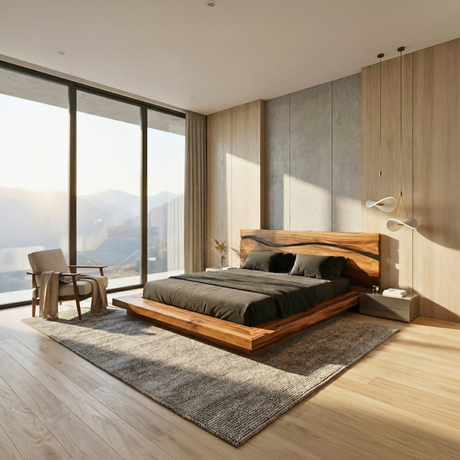 Solid Wood Bed with Wave Headboard, Modern Rustic Platform Bed