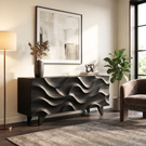 Sideboard Solid Wood with Sculptural Wave Carved Doors for Living Room Decor