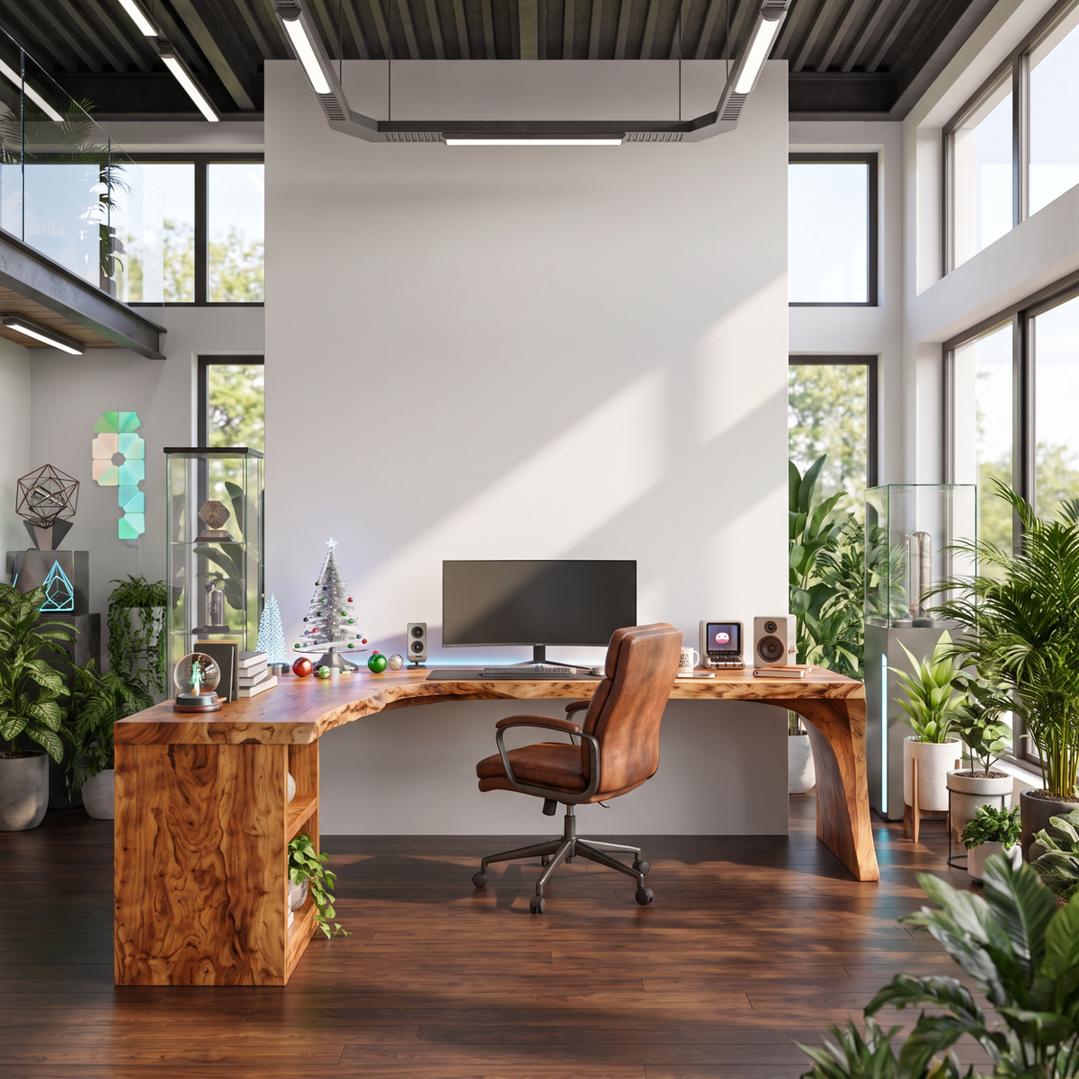 Organic L-Shaped Solid Wood Desk With Open Shelf For Home Office