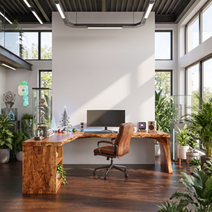 Organic L-Shaped Solid Wood Desk With Open Shelf For Home Office