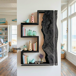 Geometric Solid Wood Wall Shelf with Live Edge Panel Sculptural Floating Storage Display