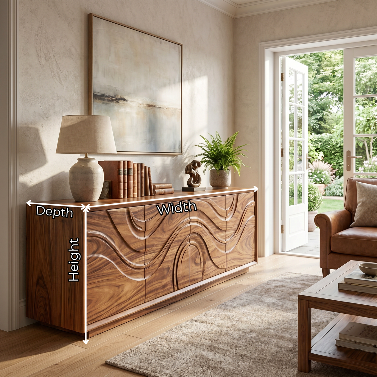 TV Console Sideboard Solid Wood with Wave Carved Cabinet Storage