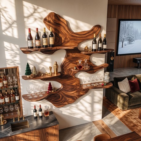 Sculptural Solid Wood Wall Wine Rack with Five Offset Display Shelves