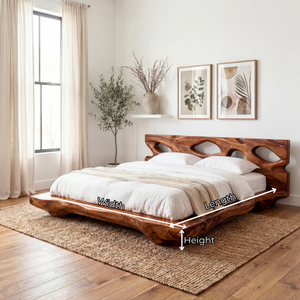 Sculptural Solid Wood Bed with Openwork Headboard and Low Platform Base