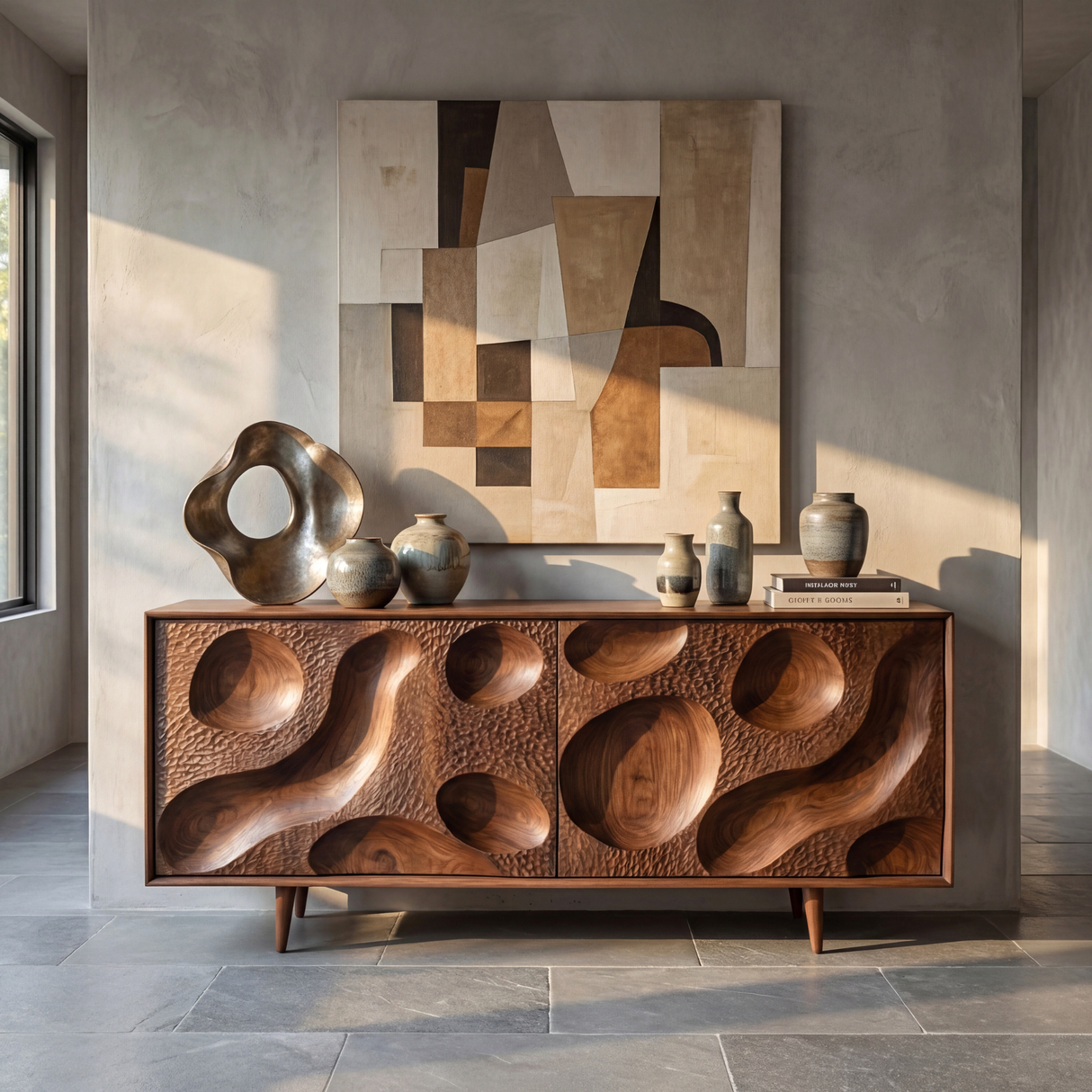 Solid Wood Sideboard with Hand Carved Crater Front