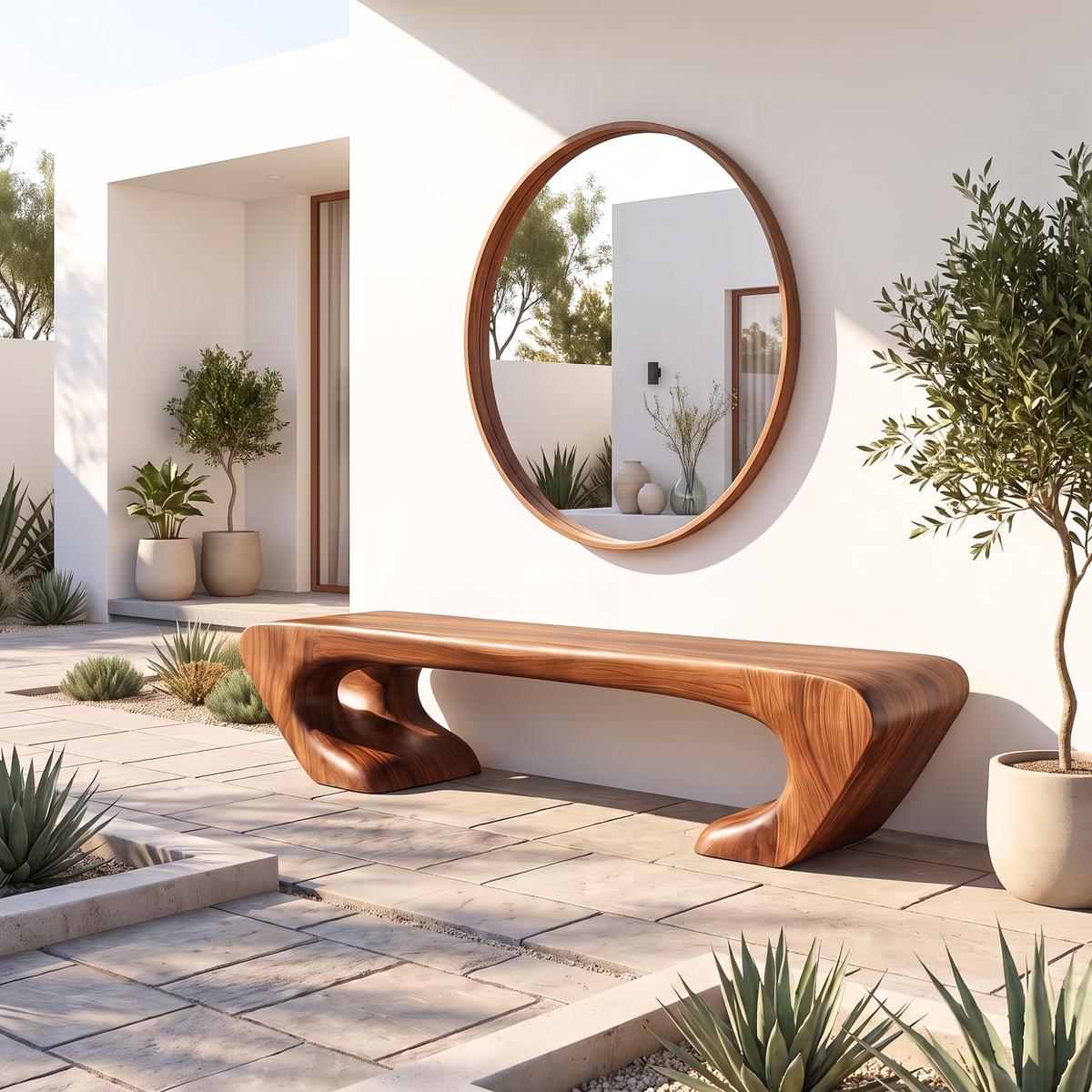 Bench Solid Wood with Sculptural Asymmetrical Base and Flowing Organic Seat