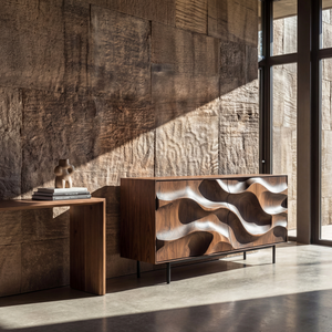 Sculpted Wave Front Solid Wood Sideboard Cabinet