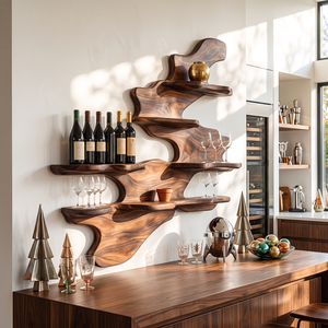 Flowing Wave Solid Wood Wall Wine Rack with Tiered Bottle and Glass Shelves