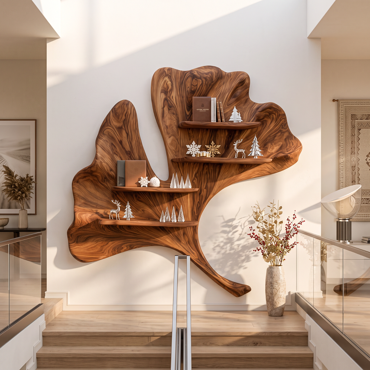 Ginkgo Leaf Solid Wood Wall Shelf with Sculptural Floating Shelves