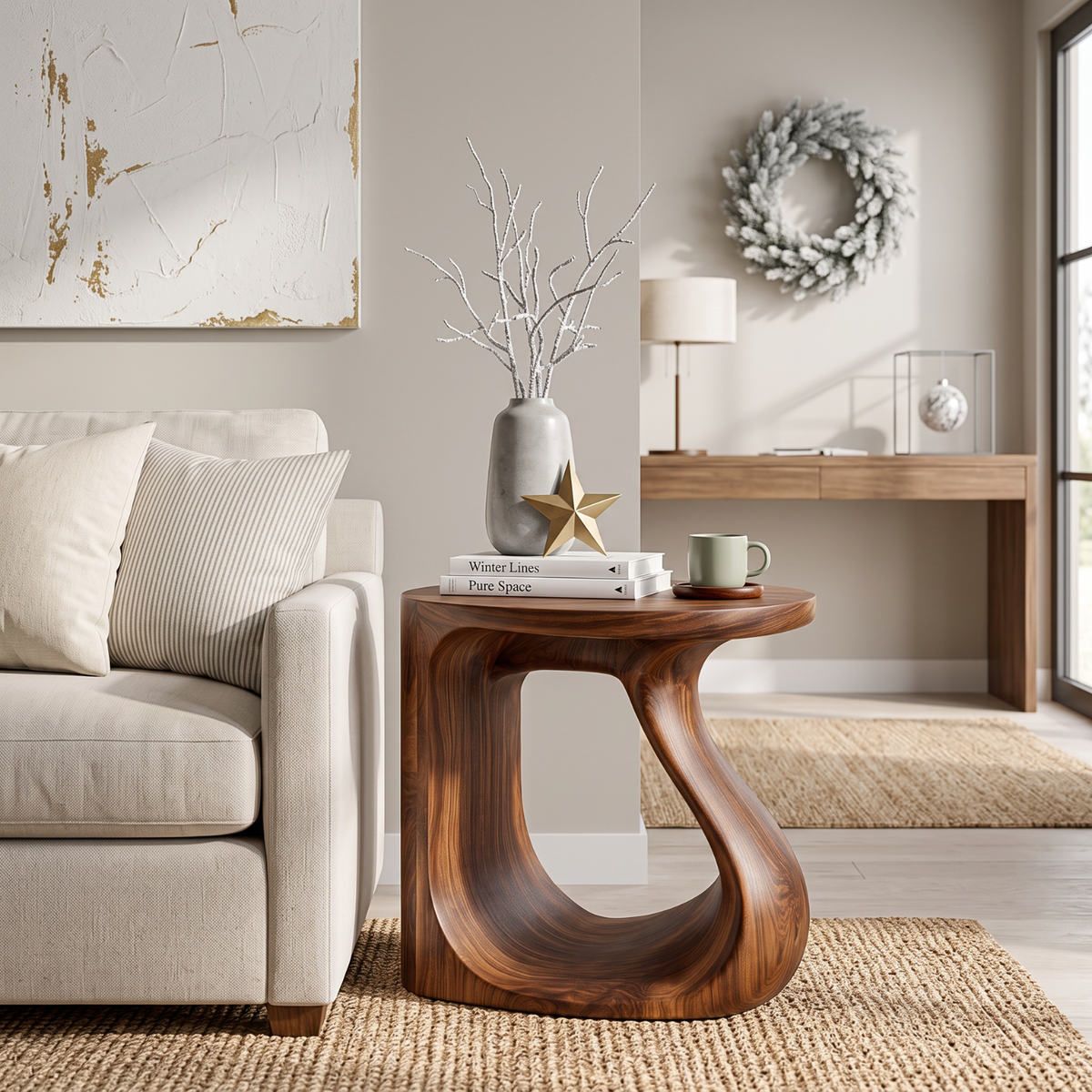 Organic Solid Wood Side Table with Sculptural Open Loop Base