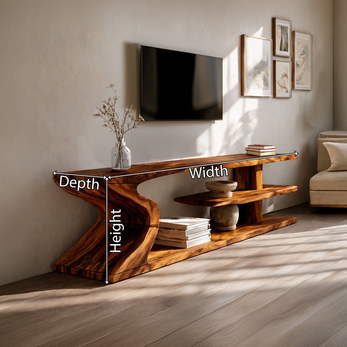Sculptural Live Edge Wood TV Stand with Flowing Base