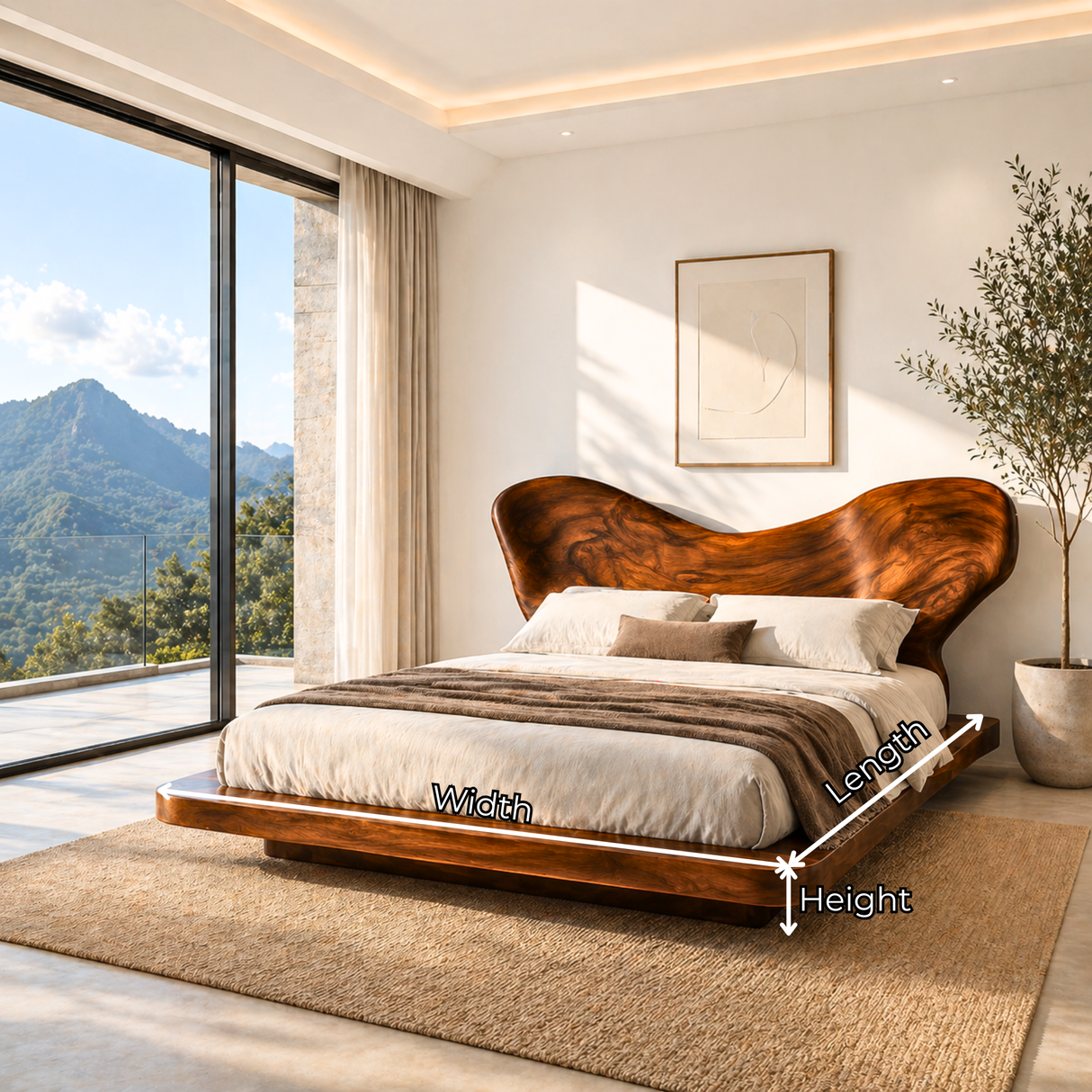 Sculptural Solid Wood Platform Bed with Organic Curved Headboard for Bedroom
