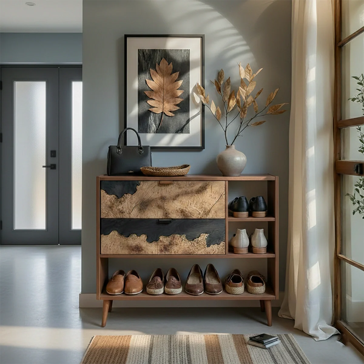 Solid Wood Entryway Shoe Cabinet with Artistic Grain Storage